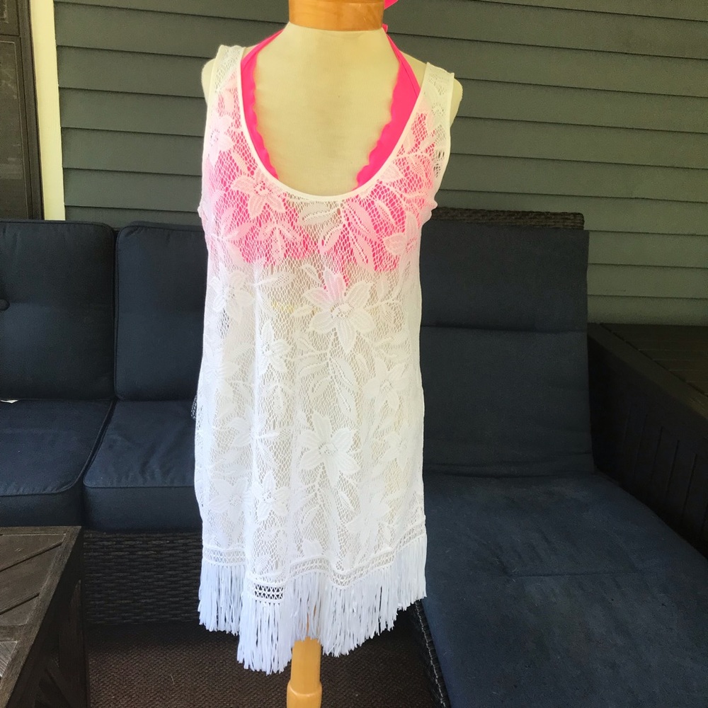 White Sheer Floral Lacy Scoop Neck Cover up